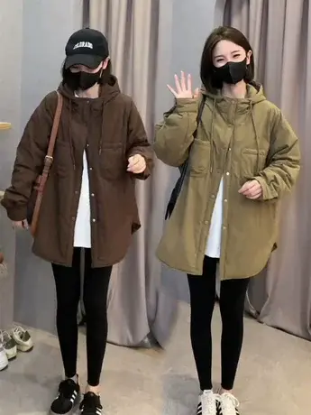 2023年秋冬季新款连帽加棉中长款棉服女宽松小个子棉服休闲外套潮图片