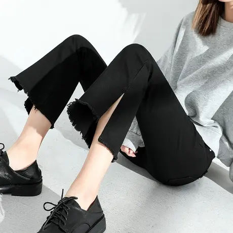 开叉牛仔裤女小个子新款微喇裤子黑色高腰显瘦分叉九分阔腿喇叭裤商品大图