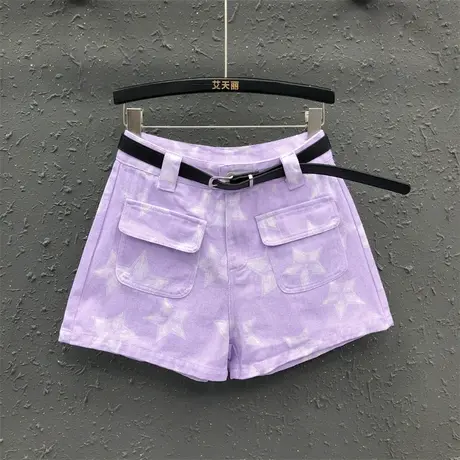 紫色牛仔短裤女2023夏季新品百搭休闲宽松显瘦a字阔腿裤辣妹热裤图片