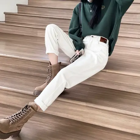 白色老爹牛仔裤女2024年春秋新款高腰直筒宽松显瘦百搭哈伦萝卜裤商品大图