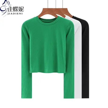 秋季新款韩版圆领短款纯欲修身纯棉纯色长袖体恤上衣内搭女打底衫商品大图