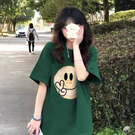 港味复古chic上衣大码宽松纯棉t恤女潮牌ins春夏百搭洋气绿色短袖商品大图