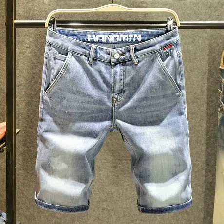 夏季薄款斜口袋牛仔短裤男款宽松百搭中裤潮牌烫印时尚简约五分裤商品大图