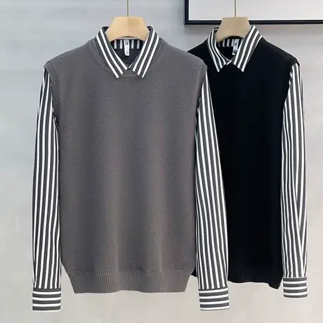 条纹衬衫毛衣男士假两件高级感商务修身打底针织衫男秋冬新款潮牌图片