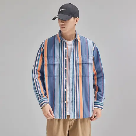 Modi Nick/摩帝尼克秋季男士日系复古条纹衬衫重磅水洗男士衬衣商品大图