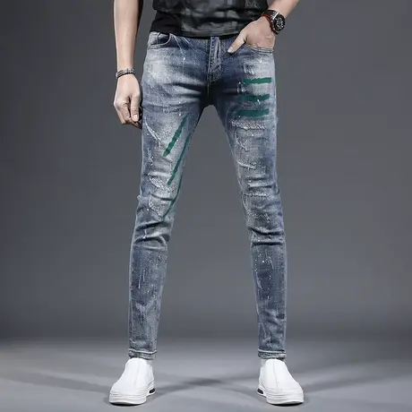 牛仔裤潮男破洞补丁泼墨个性潮流帅气男士牛仔裤修身小脚2023款商品大图