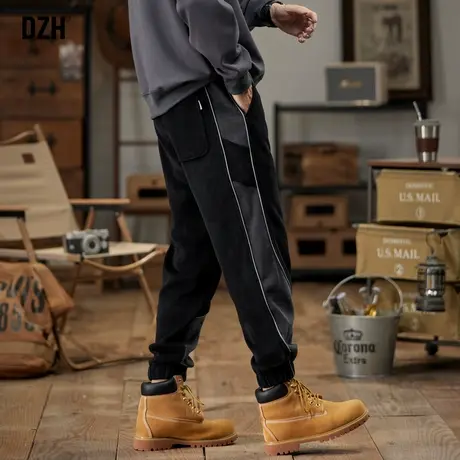 男士拼接灯芯绒裤子潮流男美式高街男裤秋款2024新款哈伦裤束脚裤商品大图