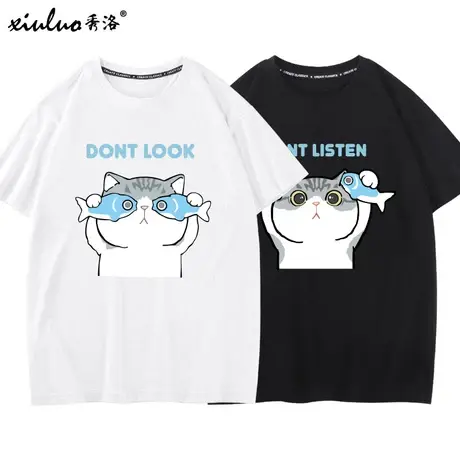 秀洛猫猫狗狗柴犬蓝猫美短纯棉情侣短袖T恤男小众设计感宽松ins潮商品大图