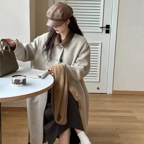 高级感羊毛长绒双面呢大衣女冬季韩系中长款撞色宽松手工毛呢外套图片