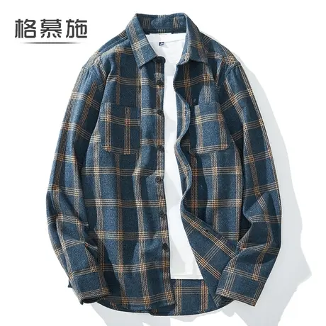 格慕施秋冬休闲纯棉格子港风男法兰绒港风大码宽松长袖衬衣男衬衫图片