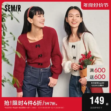 森马毛衣女短款新年蝴蝶结甜美红色2024年春新款温柔修身肌理上衣图片