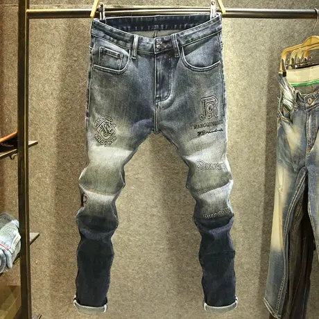 潮牌水洗渐变色牛仔裤男修身小脚裤高端设计师印花烫钻个性长裤子商品大图