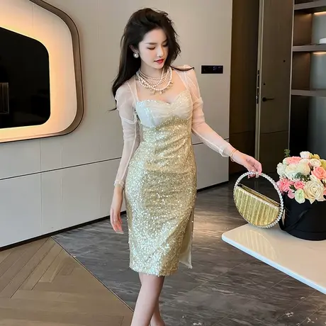 高级感独特亮片聚会晚礼服平时可穿优雅气质女神范开叉包臀连衣裙商品大图