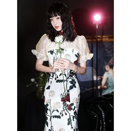 白色小晚礼服裙轻奢小众高端旗袍连衣裙夏季平时可穿宴会鱼尾刺绣商品大图