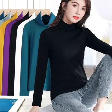 黑色高领打底衫女春季新款弹力简约内搭堆堆领修身长袖t恤女上衣商品大图