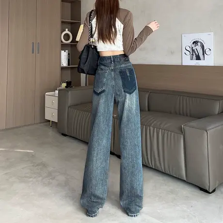 复古蓝阔腿裤牛仔裤女2024春秋新款高腰显瘦小个子窄版直筒拖地裤图片