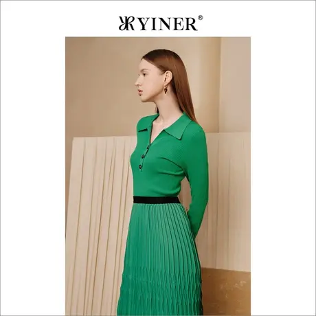 YINER音儿女装春季法式优雅时尚海鸥领绿色长袖针织衫套头图片