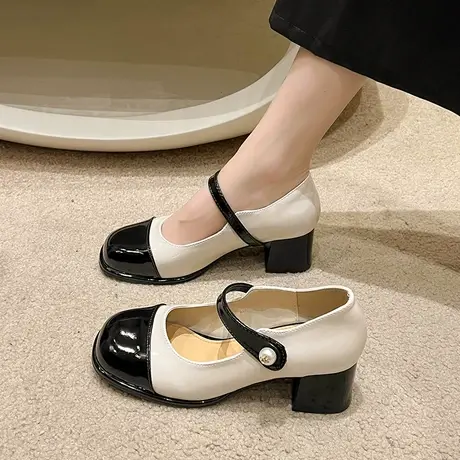 法式粗跟玛丽珍鞋女2024春秋新款一字带浅口单鞋配裙子拼色小皮鞋商品大图