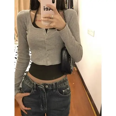 美式复古假两件辣妹长袖t恤女春秋薄款修身收腰又甜又辣正肩上衣商品大图