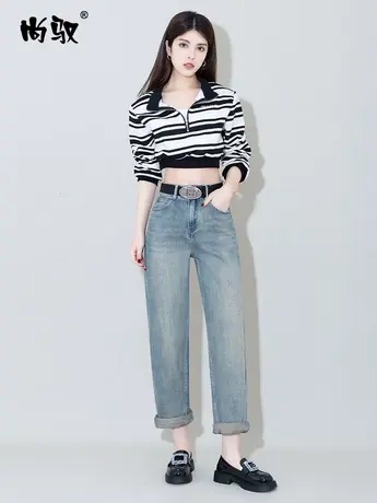 蓝色弹力高腰牛仔男友裤2024年春新款老爹裤遮肉显瘦垮裤时尚百搭图片