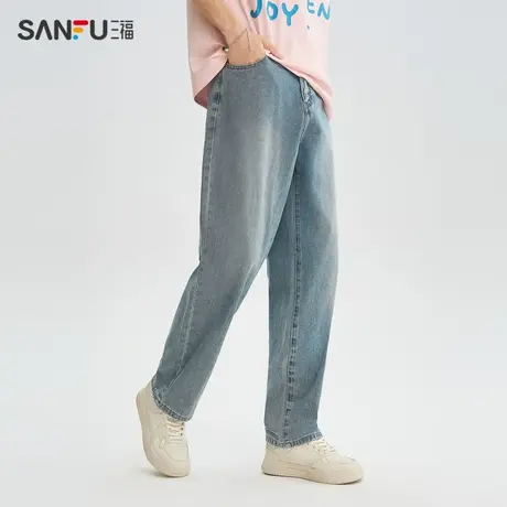 三福2024夏季男士宽松直筒无弹牛仔裤 休闲韩版时尚长裤483266商品大图
