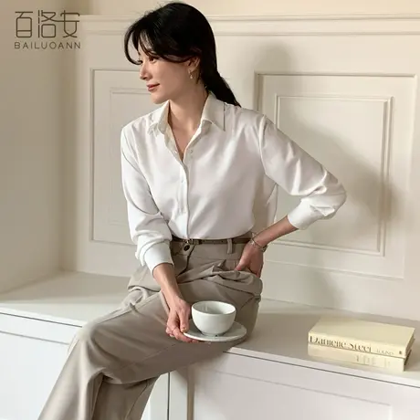 百洛安气质翻领长袖衬衫女春新款时尚单排扣上衣宽松百搭显瘦衬衣图片