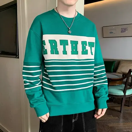 圆领卫衣男士条纹韩版潮流个性印花字母拼接撞色长袖T恤打底衫ins商品大图