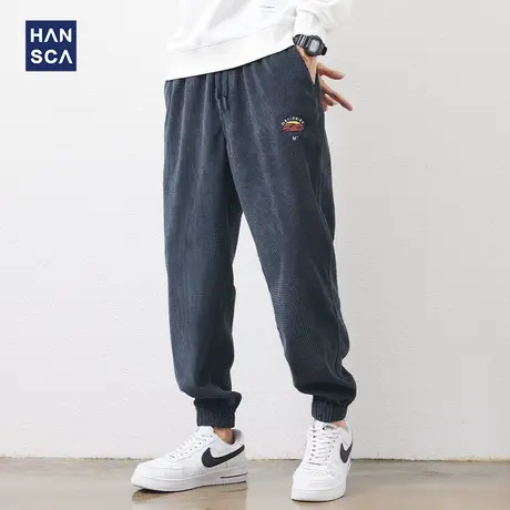 hansca灯芯绒休闲裤男秋冬款宽松潮流运动大码青少年刺绣束脚长裤商品大图
