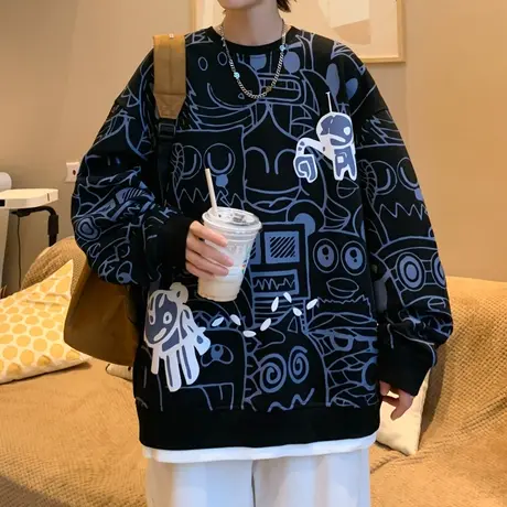 潮牌印花卫衣男春秋款休闲圆领长袖t恤男生穿搭外套假两件打底衫图片