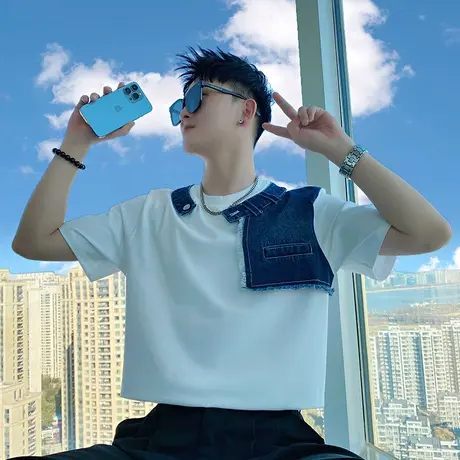 假两件重磅短袖T恤男夏季潮牌ins个性拼接痞帅高级感半袖网红上衣商品大图