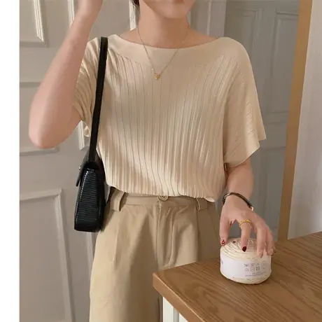 蝙蝠袖短袖冰丝针织衫女2024夏新款韩版时尚圆领简约坑条薄款上衣图片