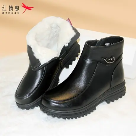 红蜻蜓女鞋冬季牛皮厚底防滑中老年妈妈棉鞋加绒保暖透气短靴舒适商品大图