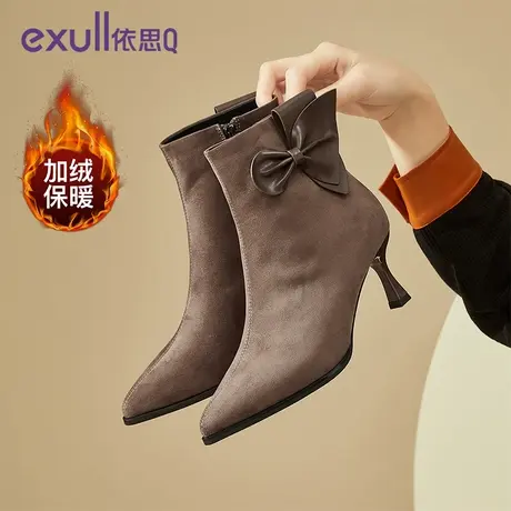 依思Q细跟女士靴子2023冬季新款绒面百搭英伦风棉鞋高跟女时装靴图片