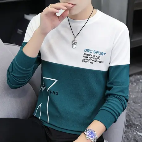 长袖T恤男2023春季新款潮流帅气打底衫春秋休闲拼色体恤男装上衣商品大图