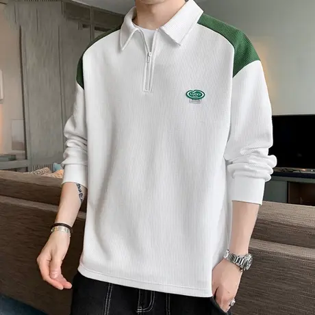 华夫格翻领t恤男长袖秋冬款休闲宽松韩式polo衫男生撞色拼接卫衣T商品大图