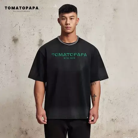 TOMATOPAPA原创美式短袖T恤男潮牌高街宽松洗水短袖休闲百搭半袖图片