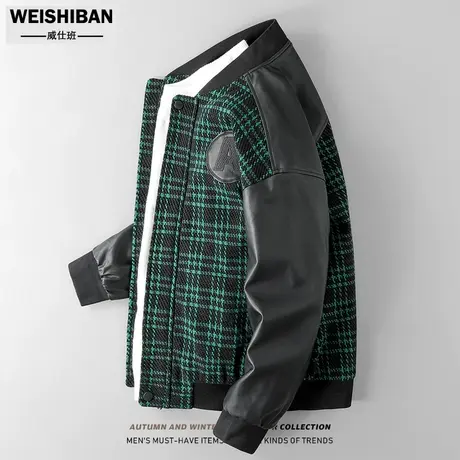 冬季休闲粗纺格子拼接PU皮外套男潮流宽松棒球领保暖棉服防寒棉衣图片