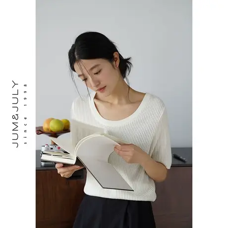 嘉茱莉2023秋季新款短袖针织衫女短款U型圆领针织套头上衣薄款图片