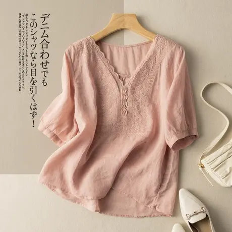 中袖苎麻衬衣女刺绣2022夏季新款薄款棉麻上衣气质宽松漂亮衬衫女商品大图