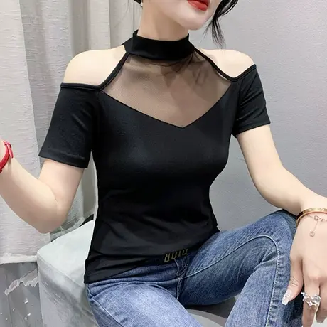 2023夏装新款性感露肩短袖T恤女气质网纱拼接小衫百搭修身上衣女商品大图