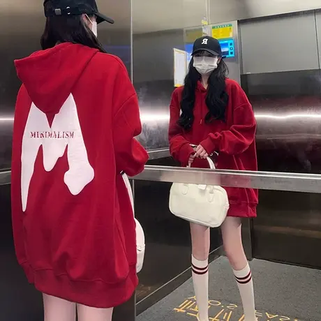 美式oversize慵懒宽松红色连帽卫衣女2023年秋冬新款加绒加厚上衣图片