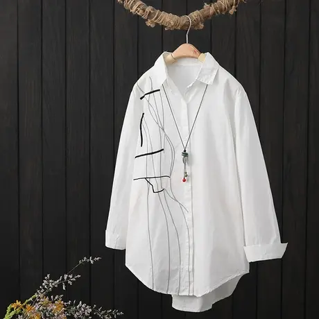 中长款白色衬衫女秋季新品文艺刺绣宽松长袖纯棉上衣外搭衬衣春秋商品大图