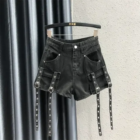 个性辣妹风修身显瘦牛仔短裤女夏季新款长带设计感A字阔腿裤热裤商品大图