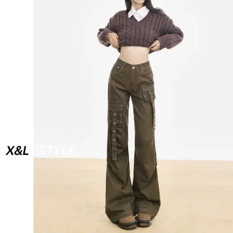 棕色工装微喇叭牛仔裤女春秋2023新款显高炸街酷飒风阔腿马蹄裤子图片