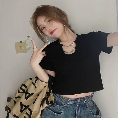 大码短袖T恤女夏季2023新款胖MM设计感高腰露脐短款甜辣上衣ins潮商品大图