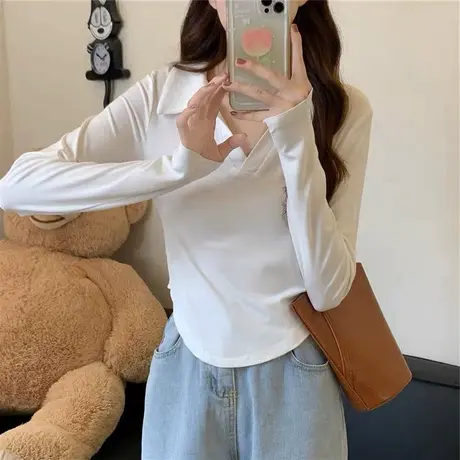polo领白色短袖t恤女2023新款夏季v领设计感小众修身短款辣妹上衣商品大图