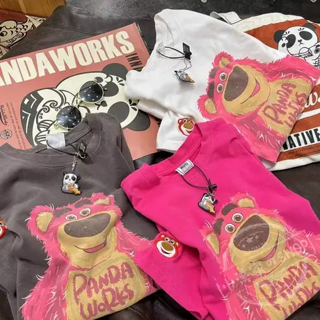 短袖t恤女2022夏季新款韩店爆款心动萌系毛毛熊印花中长宽松上衣商品大图