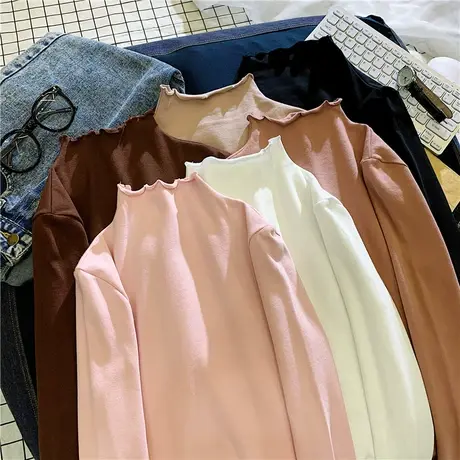 半高领打底衫女木耳边2023春秋韩版加绒中领修身长袖t恤内搭上衣图片