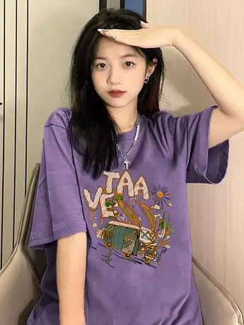 紫色重磅纯棉短袖t恤女夏季2023新款美式宽松半袖oversize上衣服商品大图