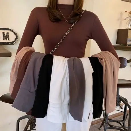 高领打底衫女长袖秋冬韩版紧身内搭t恤洋气潮ins修身纯色超火上衣图片